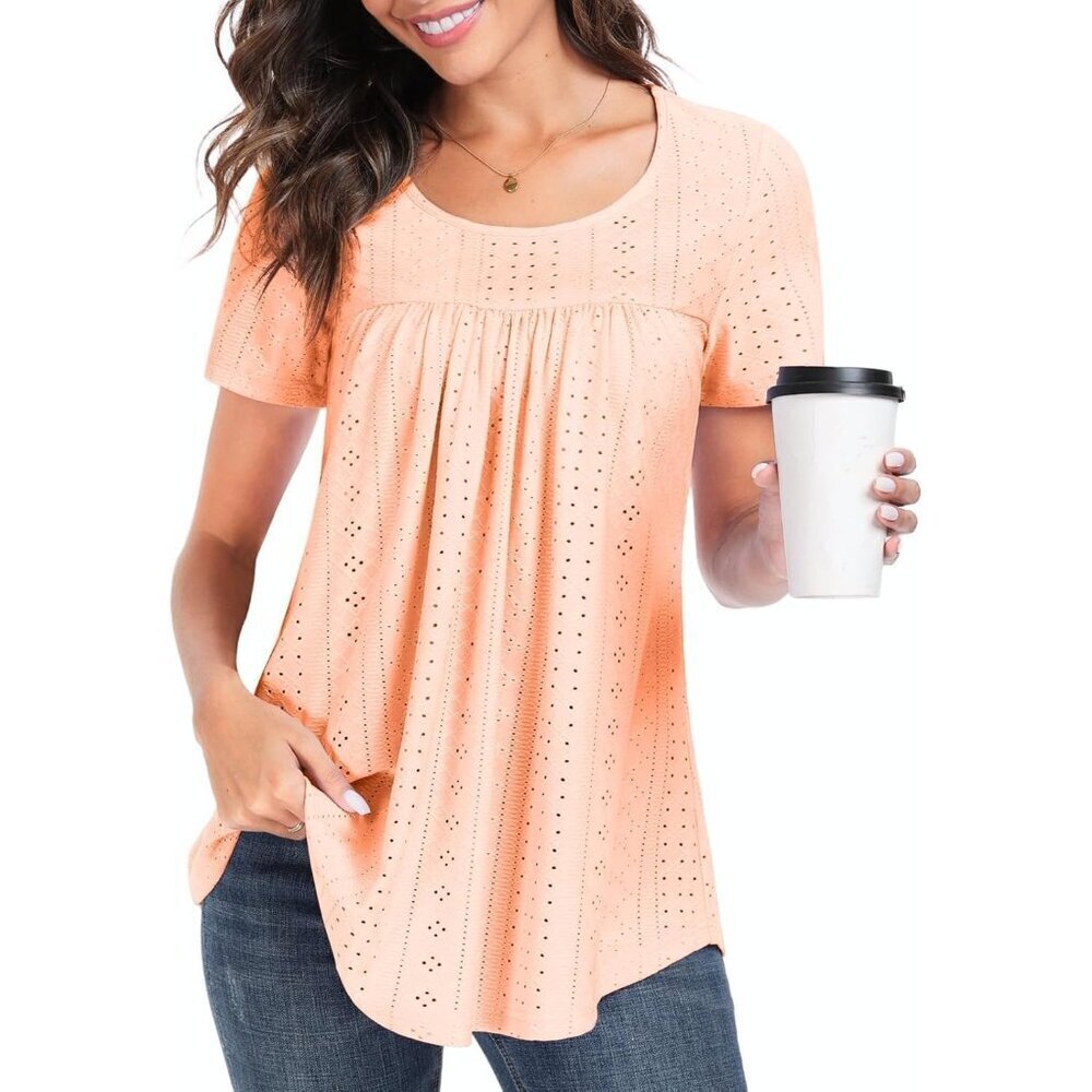 Women's Loose Fit Summer Tunic Top Eyelet Crew Neck Short Sleeve
